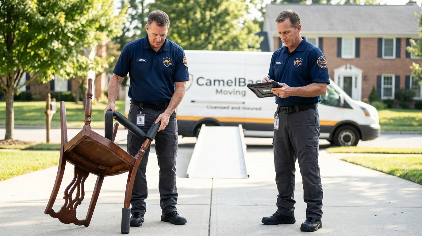 Movers inspecting furniture for damage prevention before loading in Salina, UT