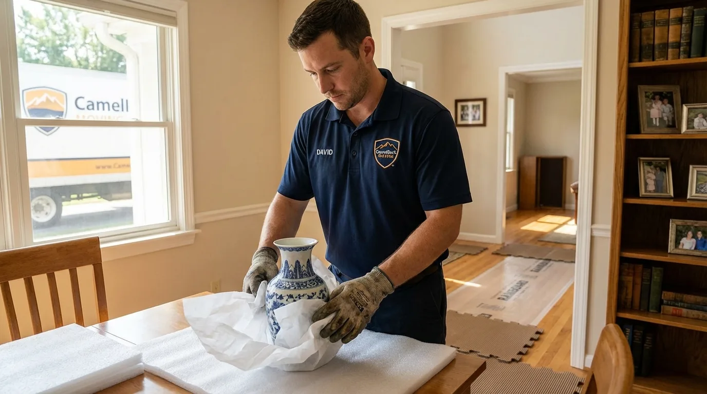 Professional crew carefully wrapping antique vase for senior downsizing move in Salina, UT